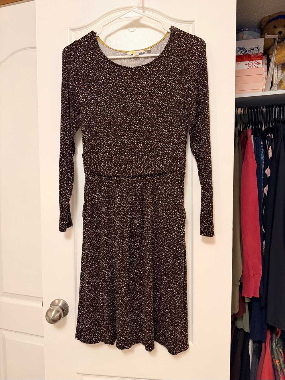 Boden Brown Speckled Long-Sleeve Fit-and-Flare Dress